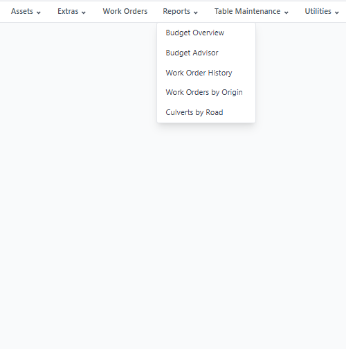 GROOM navigation — Reports menu including budget overview, budget advisor, work order history, and culverts by road